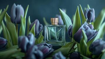 ai généré parfum bouteille dans fleurs, fragrance sur épanouissement arrière-plan, floral parfum et cosmétique produit photo