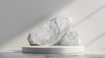 ai généré une blanc et or de une la nature marbre Plate-forme entouré par rochers. le Contexte est géométrique pierre et Roche forme, minimaliste maquette pour podium afficher vitrine, studio pièce photo