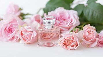 ai généré parfum bouteille dans fleurs, fragrance sur épanouissement arrière-plan, floral parfum et cosmétique produit photo