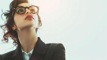 ai généré souriant femme d'affaires portant des lunettes dans un Bureau portrait. affaires femme cool à la recherche concept. sur blanc Contexte. photo