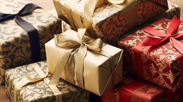 ai généré vacances cadeaux et cadeaux, pays chalet style enveloppé cadeau des boites pour boxe jour, Noël, valentines journée et vacances achats vente, beauté boîte livraison photo