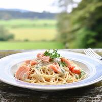 ai généré Pâtes avec fumé Saumon et crème, fait maison cuisine et traditionnel nourriture, pays la vie photo