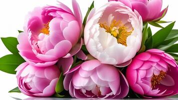 ai généré épanouissement fleurs fermer. épanoui rose pivoine des roses, feuilles isolé sur blanche. photo