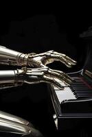 ai généré robot main en jouant piano dans foncé chambre. ai généré photo