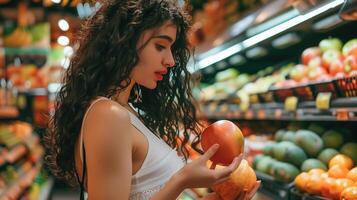 ai généré une Jeune femme explore une vibrant fruit marché, cueillette en haut Frais produire avec enthousiasme. génératif ai. photo