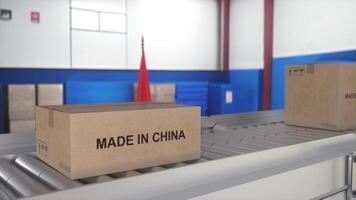 fabriqué dans Chine importer et exportation concept. papier carton des boites avec produit de Chine sur le rouleau convoyeur. 3d illustration photo