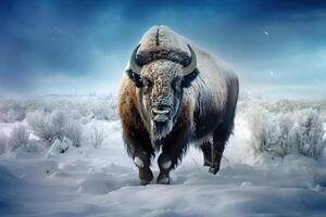 ai généré grand Masculin bison couvert avec la glace en marchant dans neige, ai généré photo