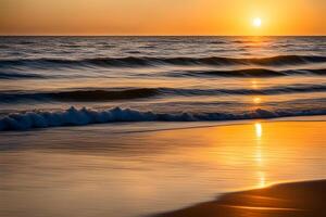 ai généré une serein plage scène à lever du soleil avec d'or lumière du soleil reflétant de calme vagues photo