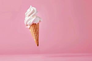 ai généré ai généré Créatif en volant scoop de la glace crème dans gaufre cône sur rose Contexte. photo