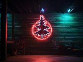 ai généré ai généré néon Noël arbre lumière sur le mur photo