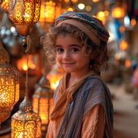 ai généré ai génératif photo de une content musulman garçon avec Ramadan lanternes dans des rues