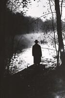 ai généré une silhouette de une homme permanent par le rivière. noir et blanc photo