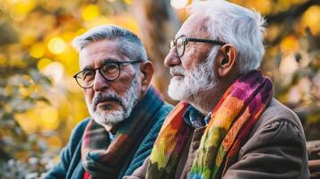 ai généré deux Sénior Hommes en marchant dans le parc dans l'automne temps. personnes âgées gens mode de vie concept. photo