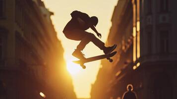 ai généré skateur sauter sur le rue à le coucher du soleil. extrême sport. photo