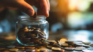 ai généré homme main en mettant pièce de monnaie dans verre pot pour enregistrer argent et Compte bancaire pour la finance affaires concept photo