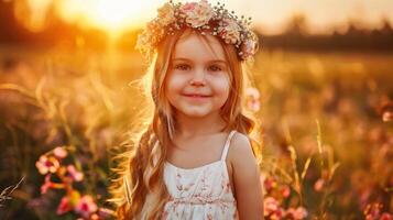 ai généré mignonne peu fille dans une couronne de fleurs sur le champ à le coucher du soleil photo