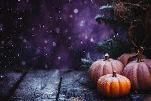 ai généré Halloween Contexte avec citrouilles et sapin branches sur en bois table photo