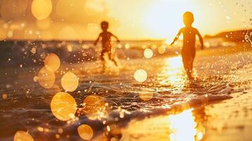 ai généré content les enfants ayant amusement sur le plage à le coucher du soleil. des gamins ayant amusement sur été vacances photo