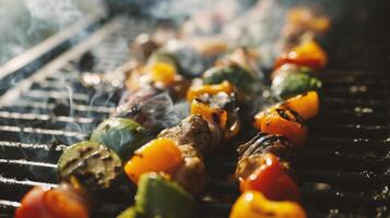 ai généré fermer de grillé des légumes étant cuit sur barbecue gril avec des étincelles et flammes photo