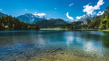 ai généré idyllique été vue de Lac photo