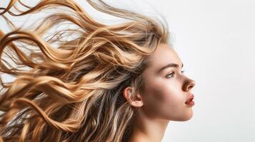 ai généré magnifique Jeune femme avec longue blond cheveux, studio coup sur blanc Contexte photo