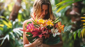 ai généré portrait de magnifique Jeune femme en portant bouquet de fleurs dans tropical jardin photo