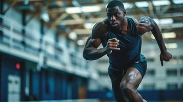 ai généré Jeune africain américain Masculin athlète fonctionnement sur Piste et champ à Gym photo