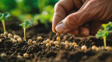 ai généré agriculteur plantation soja semis dans le sol, agriculture concept photo