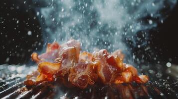 ai généré fermer de Bacon étant grillé sur une barbecue gril avec fumée photo