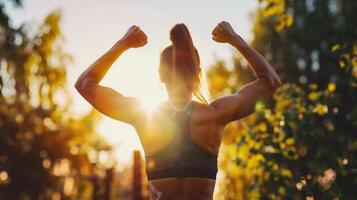 ai généré athlétique femme dans tenue de sport élongation sa bras à le coucher du soleil photo