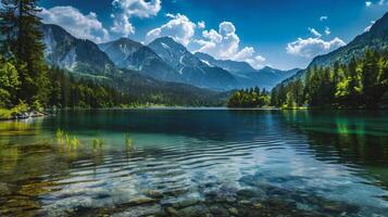 ai généré idyllique été vue de Lac photo