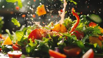 ai généré Frais légume salade avec l'eau éclaboussure sur foncé Contexte. en bonne santé nourriture concept photo