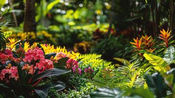 ai généré magnifique tropical jardin avec épanouissement fleurs et paume des arbres photo