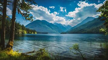 ai généré idyllique été vue de Lac photo