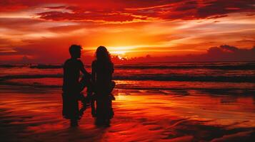 ai généré silhouette de Jeune couple sur le plage à magnifique le coucher du soleil photo