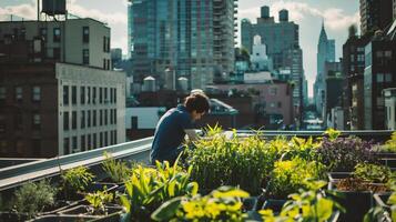 ai généré homme travail sur balcon portant décontractée vêtements, à la recherche à paysage urbain photo