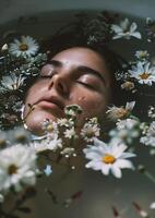 ai généré magnifique Jeune femme prise une une baignoire avec marguerites et l'eau photo