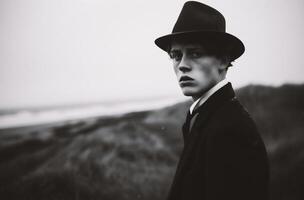 ai généré mode portrait de Jeune homme dans noir manteau et chapeau. noir et blanc photo. photo