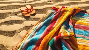ai généré plage serviette, retourner flops et des lunettes de soleil sur le sable à le coucher du soleil photo