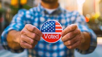 ai généré proche en haut de main en portant une vote badge avec américain drapeau photo