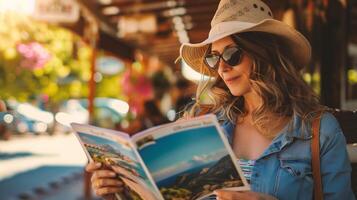 ai généré magnifique Jeune femme dans chapeau et des lunettes de soleil en train de lire une livre dans une café photo