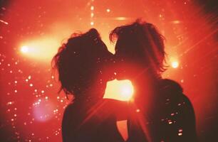 ai généré silhouette de une aimant couple embrasser sur le Contexte de le étape photo