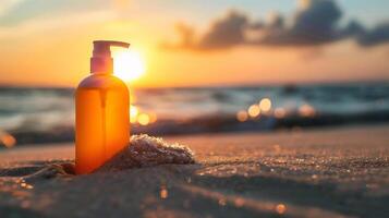 ai généré crème solaire bouteille sur le plage à le coucher du soleil temps. Soleil protection concept photo