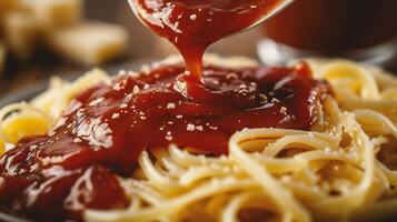 ai généré spaghetti avec tomate sauce sur une en bois tableau, fermer photo