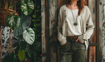 ai généré portrait de une magnifique Jeune femme et vert un pantalon photo