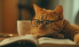 ai généré mignonne gingembre chat dans lunettes en train de lire une livre à Accueil photo