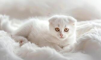 ai généré blanc Écossais plier chaton sur blanc couverture, fermer portrait photo