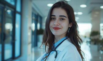 ai généré portrait de Jeune femelle médecin avec stéthoscope à hôpital. photo