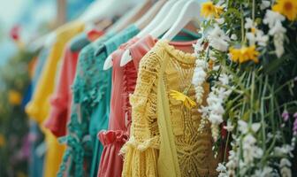 ai généré fleur magasin intérieur avec vêtements pendaison sur le mur, Stock photo