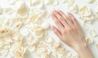 ai généré femme main sur blanc Contexte avec fleur pétales autour photo